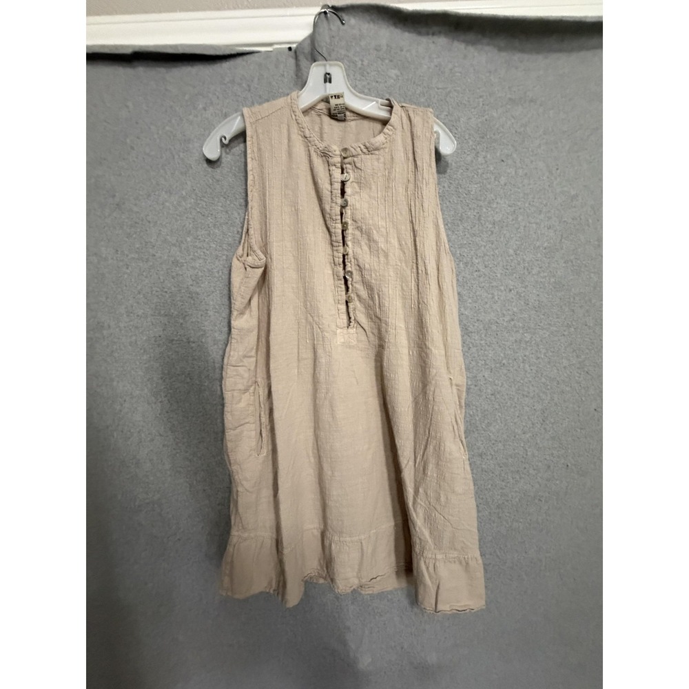 Blanco By Nature Dress Womens L Beige Sleeveless Henley Ruffle Hem Pockets